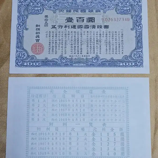 [BUNJANG] Republic of Korea 5-Bond National Reconstruction Treasury Certificate 5 Consecutive Serial Numbers (Unused) / 대한민국 오분리 건국국채증서 5연번 (미사용)