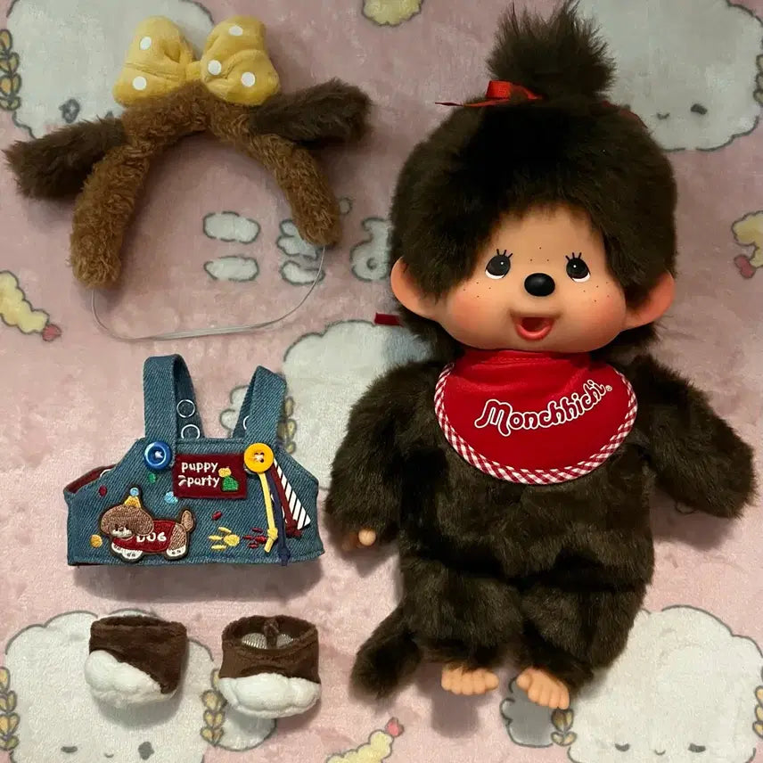[BUNJANG] M Size Monchhichi Doll with Headband, Clothes, and Shoes Set / [마지막가격]M몬치치인형 + 머리띠 + 옷 + 신발 SET