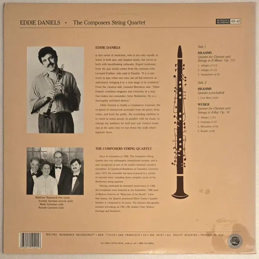 [BUNJANG] Eddie Daniels - Brahms / Weber Clarinet Quintets Original US Reference Recordings LP / 에디 다니엘스 - 브람스 / 베버 클라리넷 5중주 미국 Reference Recordings 오리지널 LP