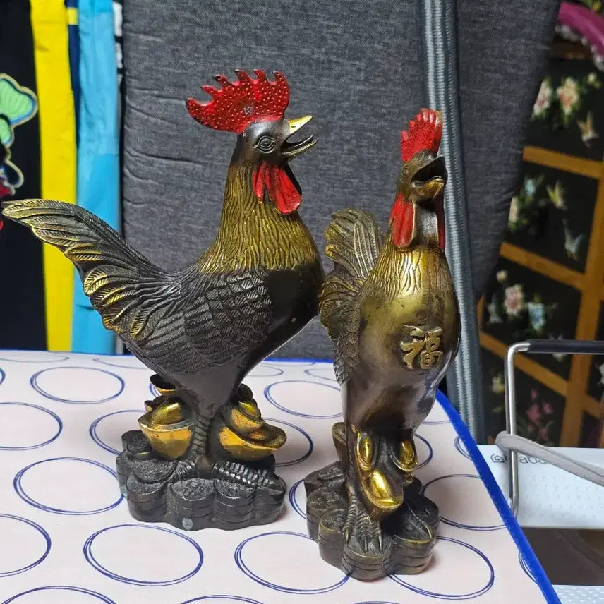 [BUNJANG] Brass Golden Rooster Pair Ornament / 동으로된 금계 두마리 장식품황동닭