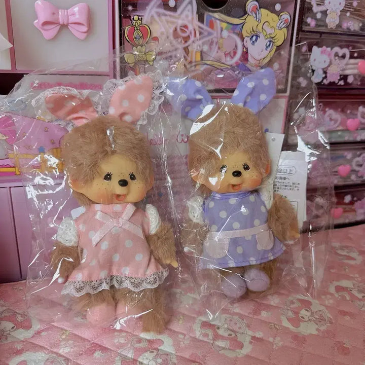 [BUNJANG] Monchhichi Dot Bunny Rabbit Doll Set / 홍콩 도트 바니 토끼 몬치치 인형 세트