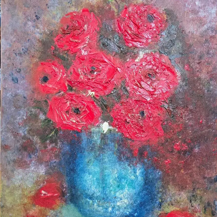 [BUNJANG] Still Life Oil Painting - Red Flowers in Blue Vase (10-go Size) / 정물추상화.  Sook.   10호.