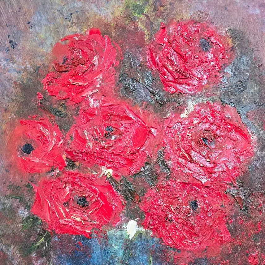 [BUNJANG] Still Life Oil Painting - Red Flowers in Blue Vase (10-go Size) / 정물추상화.  Sook.   10호.