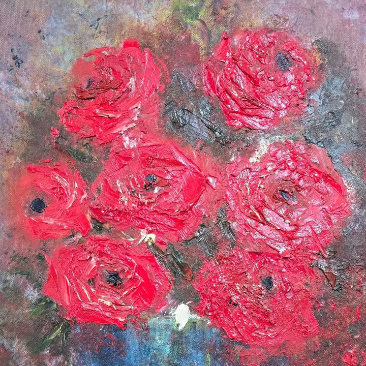 [BUNJANG] Still Life Oil Painting - Red Flowers in Blue Vase (10-go Size) / 정물추상화.  Sook.   10호.