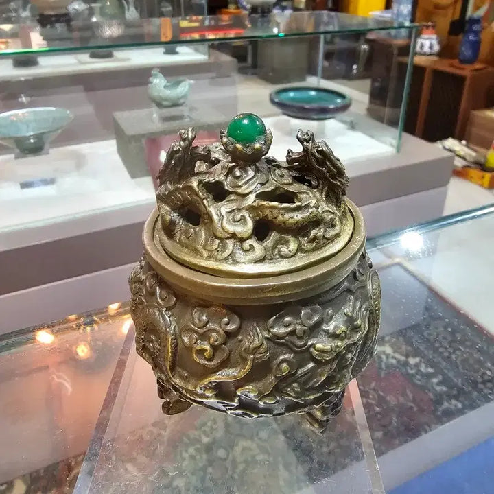 [BUNJANG] Jade Decorated Bronze Incense Burner with Dragon Motif / 명품옥/문양 동향로 비취 장식