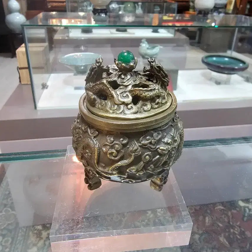 [BUNJANG] Jade Decorated Bronze Incense Burner with Dragon Motif / 명품옥/문양 동향로 비취 장식