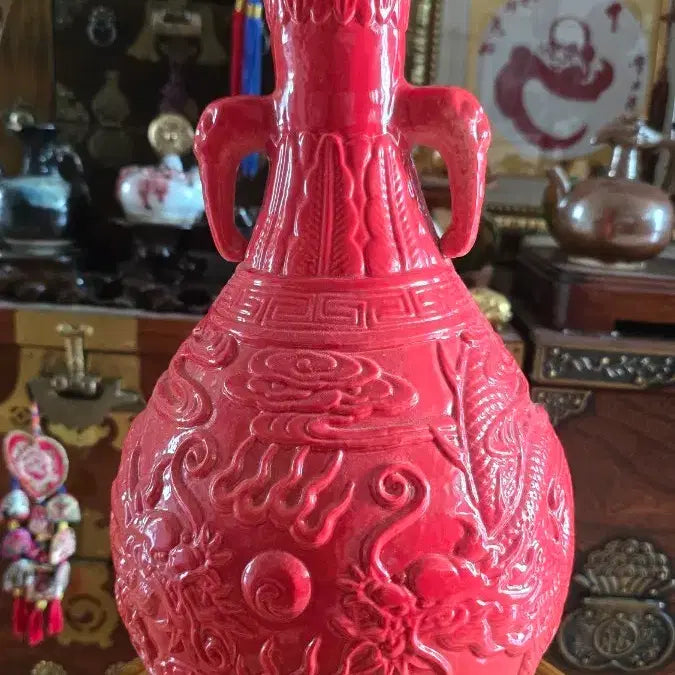 [BUNJANG] Wang Byeong-yeon Incised Red Glaze Dragon Vase / 왕병연/ 양각 홍유 용문화병