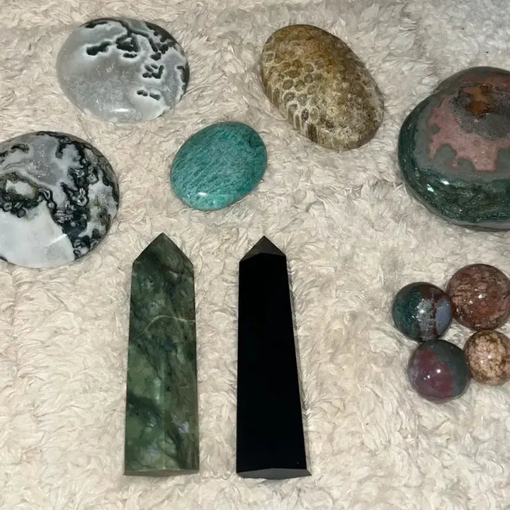 [BUNJANG] Natural Gemstone Bundle: Moss Agate, Amazonite, Ocean Jasper Palm Stone Tower / (일괄) 천연원석 아마조나이트 오션 재스퍼 팜스톤 타워 원석