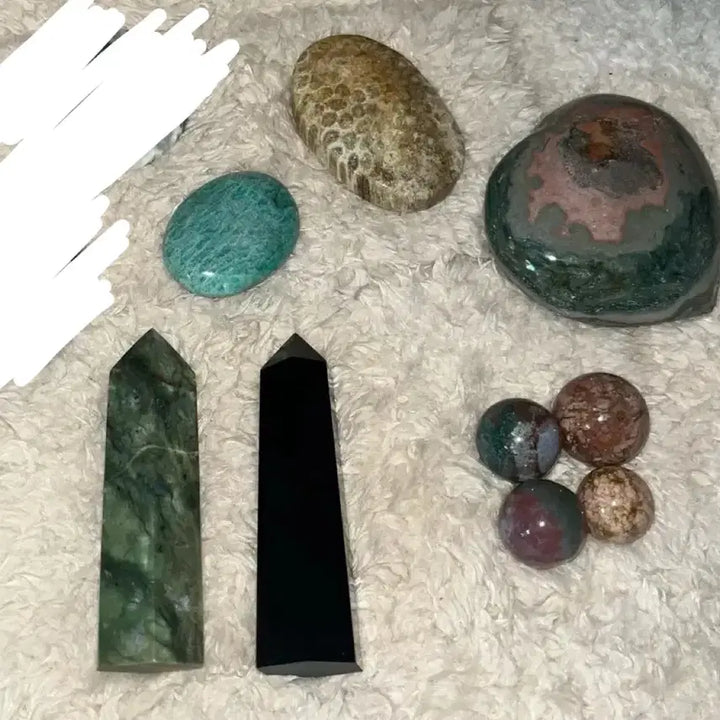 [BUNJANG] Natural Gemstone Bundle: Moss Agate, Amazonite, Ocean Jasper Palm Stone Tower / (일괄) 천연원석 아마조나이트 오션 재스퍼 팜스톤 타워 원석