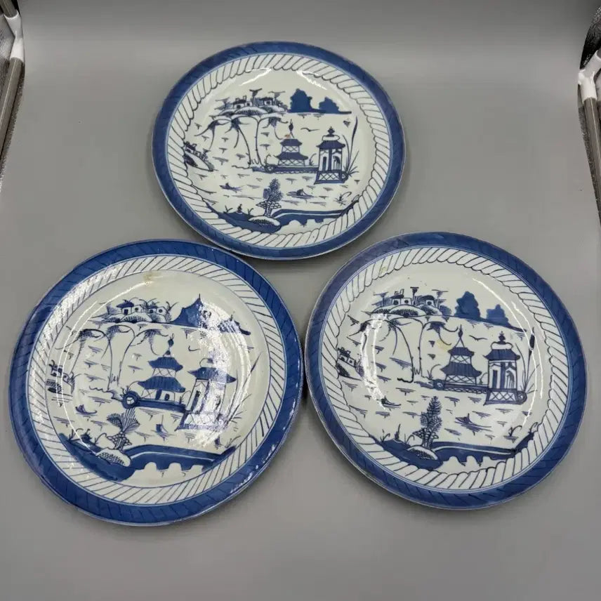 [BUNJANG] 19th Century Qing Dynasty Blue and White Landscape Export Porcelain Plates (Set of 3) / [진품] 청대 19세기 청화백자 산수문 수출자기 접시 3점 일괄 중국도자기 골동품
