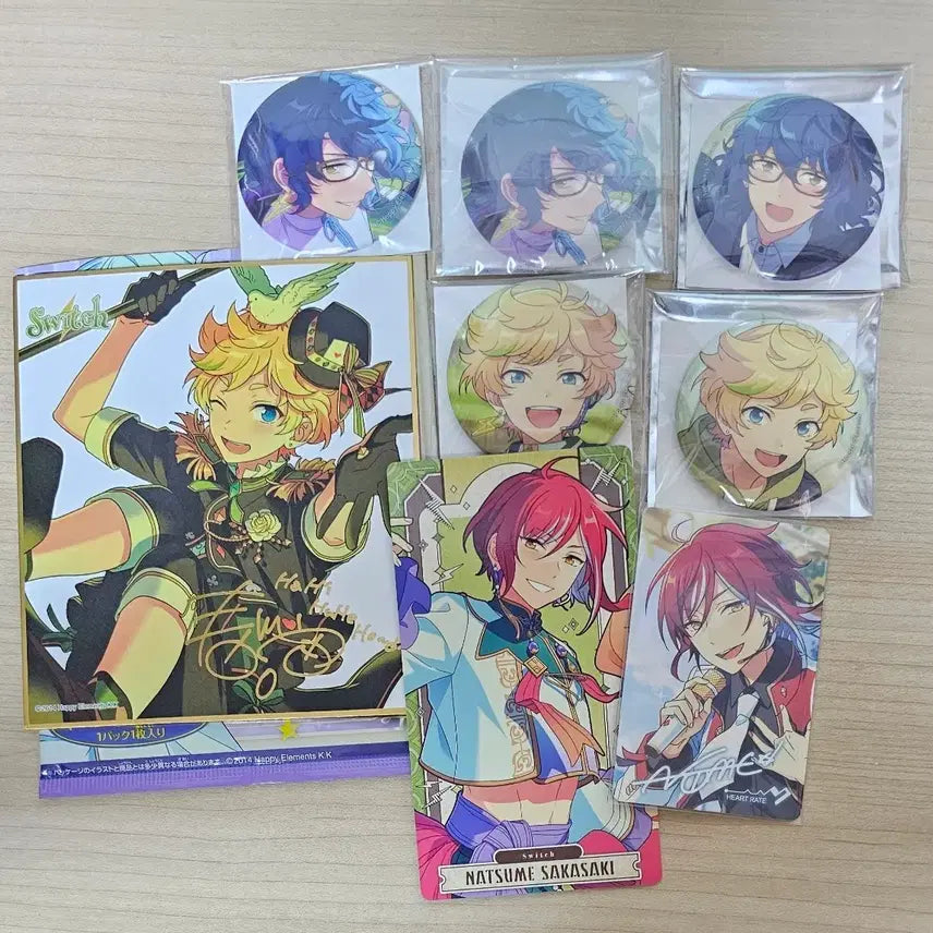 [BUNJANG] Ensemble Stars Switch Tsumugi Sora Natsume Merchandise Bundle / [일괄] 앙스타 스위치 츠무기 소라 나츠메 캔뱃지 색지 포카 아르카나
