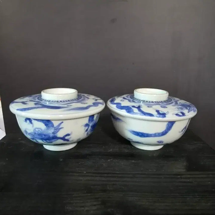 [BUNJANG] Set of Two Celadon Tea Bowls with Blue Dragon Motif / 개완(k-364)