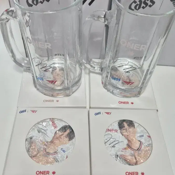 [BUNJANG] T1 Faker Beer Glasses &amp; Coaster Set (Sealed) / 새상품.미개봉)티원 카스 맥주잔.코스터 총4개 일괄
