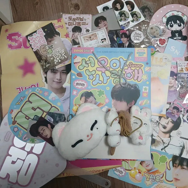 [BUNJANG] Sunwoo Birthday Cafe Set Photocard, Doll, Fan, Slogan, Poster, Eco Bag, Keychain, Sticker, Uchiwa / 선우 생카 세트 비공식 포카 인형 부채 슬로건 포스터 에코백 키슈 키링 스티커 우치와