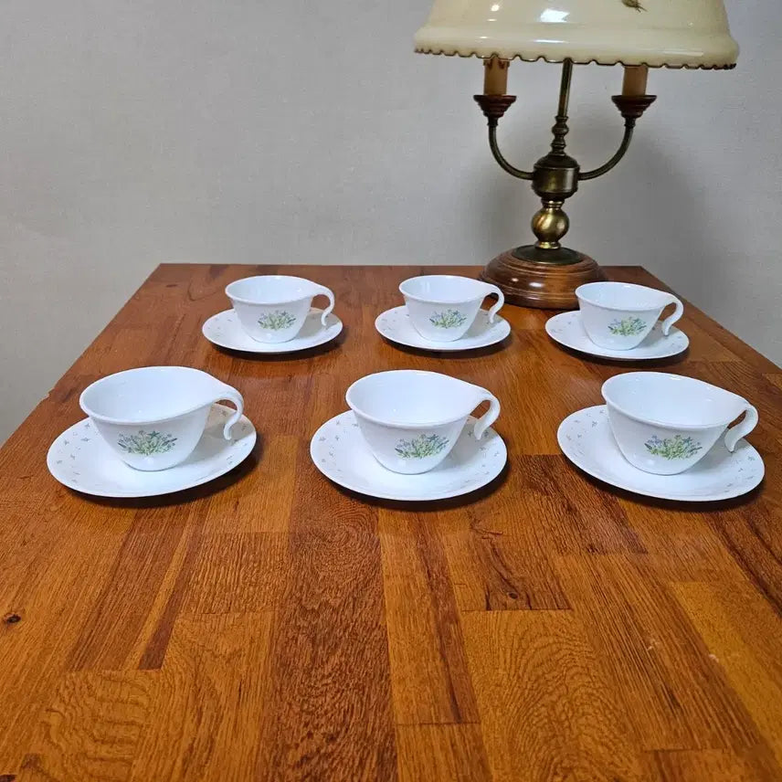 [BUNJANG] Corning Corelle Herb Coffee Cup &amp; Saucer Set (6-Person, 12-Piece, Vintage, Unused) / 올드 단종품 오리지널 일체형 코렐 허브 커피잔 6인조 미사용품.
