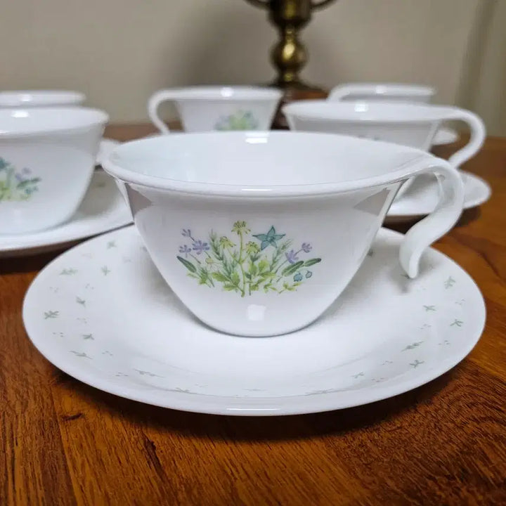 [BUNJANG] Corning Corelle Herb Coffee Cup &amp; Saucer Set (6-Person, 12-Piece, Vintage, Unused) / 올드 단종품 오리지널 일체형 코렐 허브 커피잔 6인조 미사용품.
