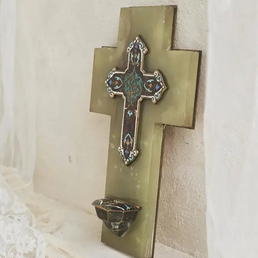 [BUNJANG] 1898 French Cloisonné Holy Water Font with Enamel Cross / 끌루아조네 성수대