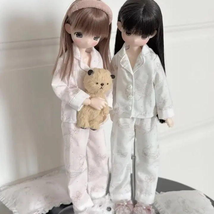 [BUNJANG] 6-inch Doll Long-Sleeve Pajamas Set with Pillow (Pink) / 육일돌 인형 옷 긴팔 파자마 잠옷 + 베개 (핑크)