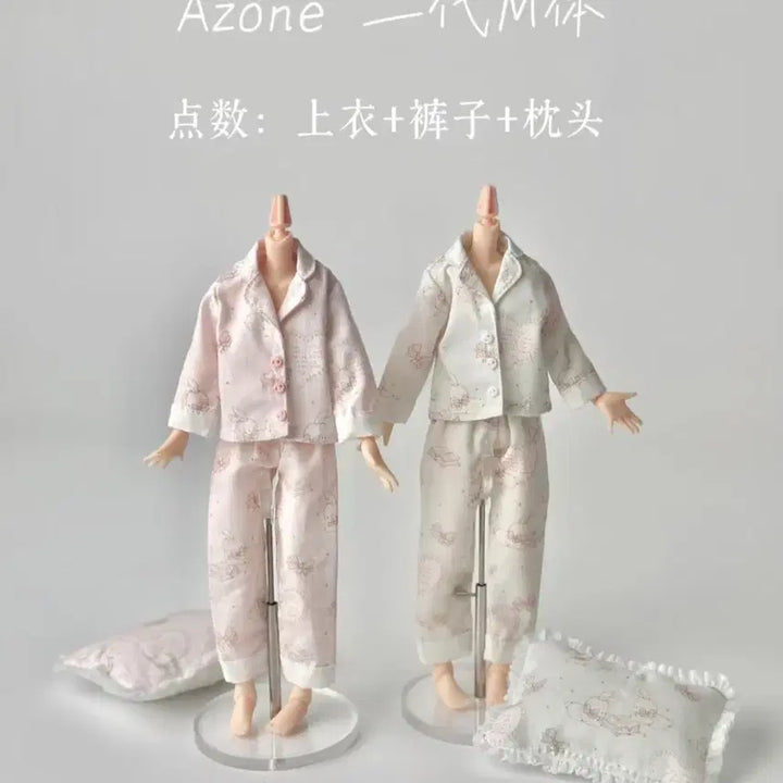 [BUNJANG] 6-inch Doll Long-Sleeve Pajamas Set with Pillow (Pink) / 육일돌 인형 옷 긴팔 파자마 잠옷 + 베개 (핑크)