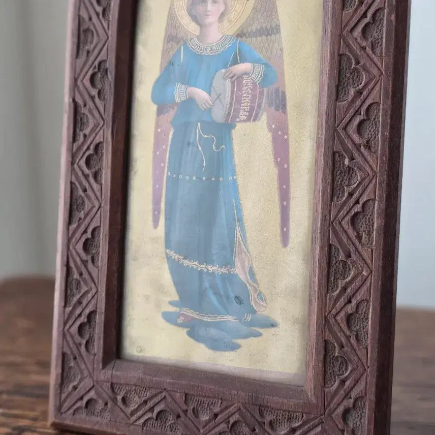 [BUNJANG] French Antique Religious Painting with Angels and Drum / 프랑스 앤틱 성화 액자 (천사 드럼) / 원목 프레임