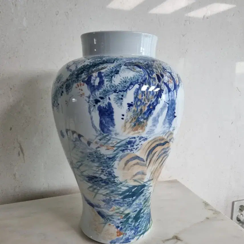 [BUNJANG] Large Blue and White Porcelain Jar with Tiger Painting and Calligraphy / 46cm 대형/한시 소장품] 청화채색 맹호도 백자 항아리 도자기