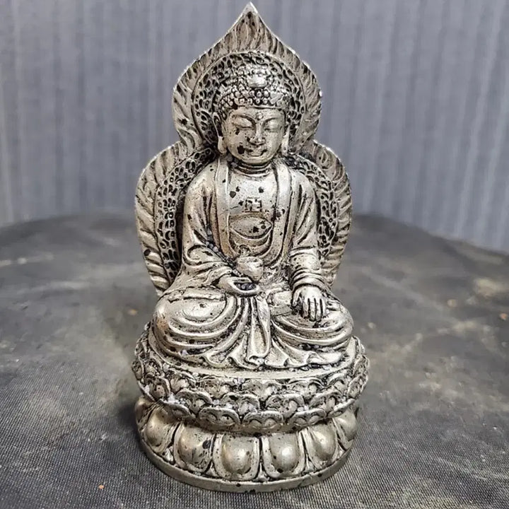 [BUNJANG] Antique Bronze Seated Buddha Statue with Aureole / 연대감 있는 광배를 갖춘 백동제 여래좌상 불상 불교 중국골동품 고미술품 수집품