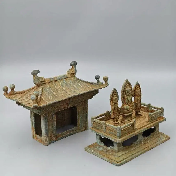[BUNJANG] Excavated Bronze Triad Buddha Shrine Chinese Antique Buddhist Art / 출토품 청동 삼존불 불상 불감 중국골동품 고미술품 수집품 불교