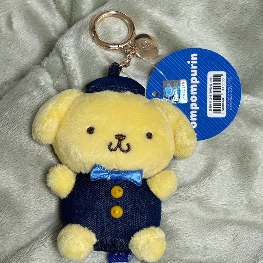 [BUNJANG] Sanrio Pompompurin Denim Costume Keychain with Initial Charm / 택0,산리오 폼폼푸린 키링 데님 코스튬 이니셜 참 인형 키링