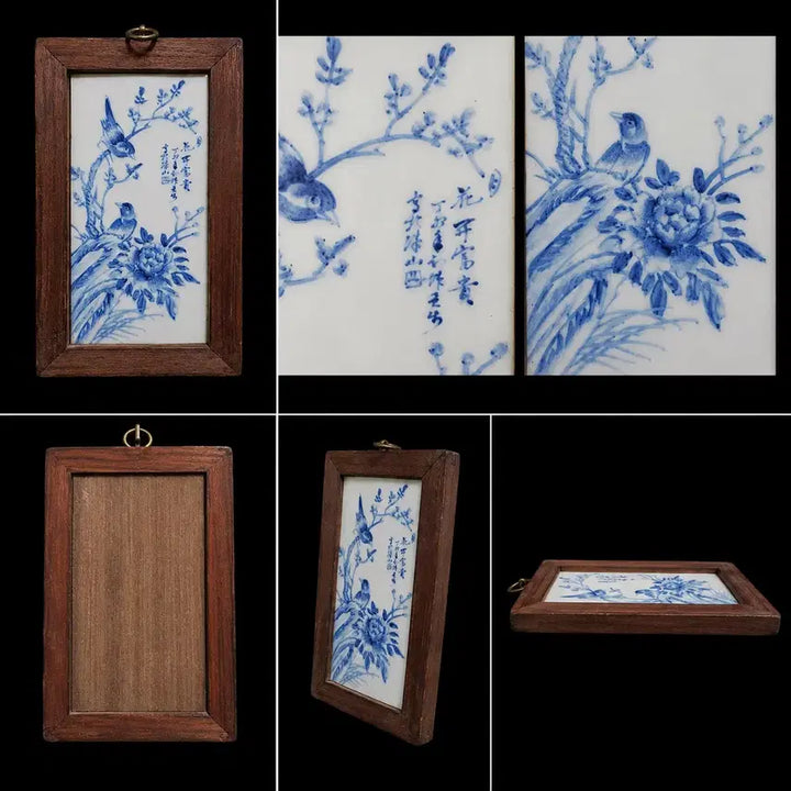 [BUNJANG] Korean Celadon Porcelain Hand-Painted Floral and Bird Motif Tile Framed Art / 청화백자 수공 화조도 도판 액자 그림 중국도자기 골동품 고미술품 수집품