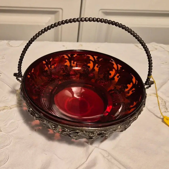[BUNJANG] Elkington Silverplate Grapevine Cranberry Glass Basket / [영국 앤틱] 엘킹턴(Elkington) 실버플레이트 포도덩굴 크랜베리 글라스 바스켓