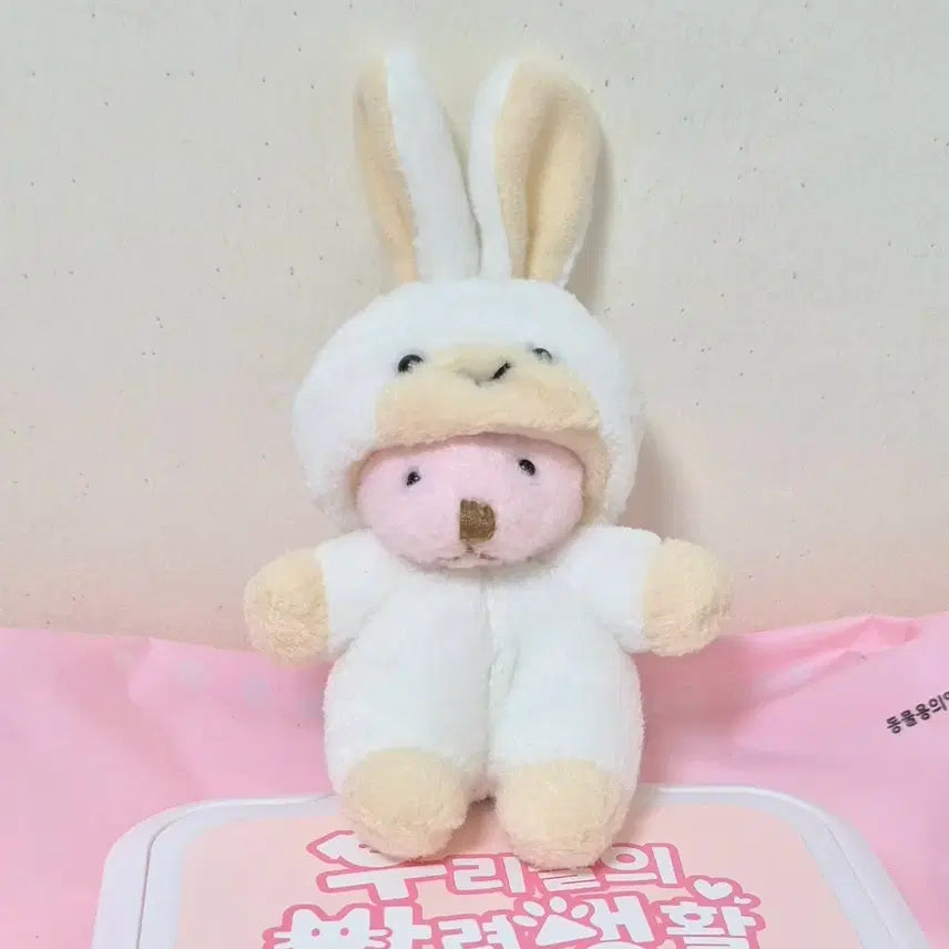 [BUNJANG] Sunlemon White Rabbit Hat Pink Bear Plush Keychain / 고전 빈티지 썬레몬 선레몬 화이트 토끼 모자 핑크 곰 인형 키링