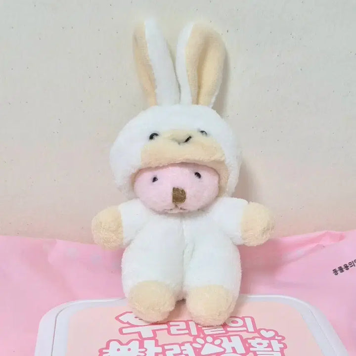 [BUNJANG] Sunlemon White Rabbit Hat Pink Bear Plush Keychain / 고전 빈티지 썬레몬 선레몬 화이트 토끼 모자 핑크 곰 인형 키링