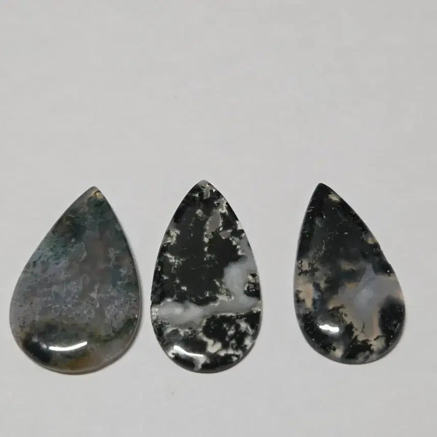 [BUNJANG] Natural Moss Agate Teardrop Cabochon 3-Piece Set / [천연원석] 한폭의 산수화 같은 모스 아게이트(가든) 눈물방울 카보숑 3종 세트 (총 8.3g)
