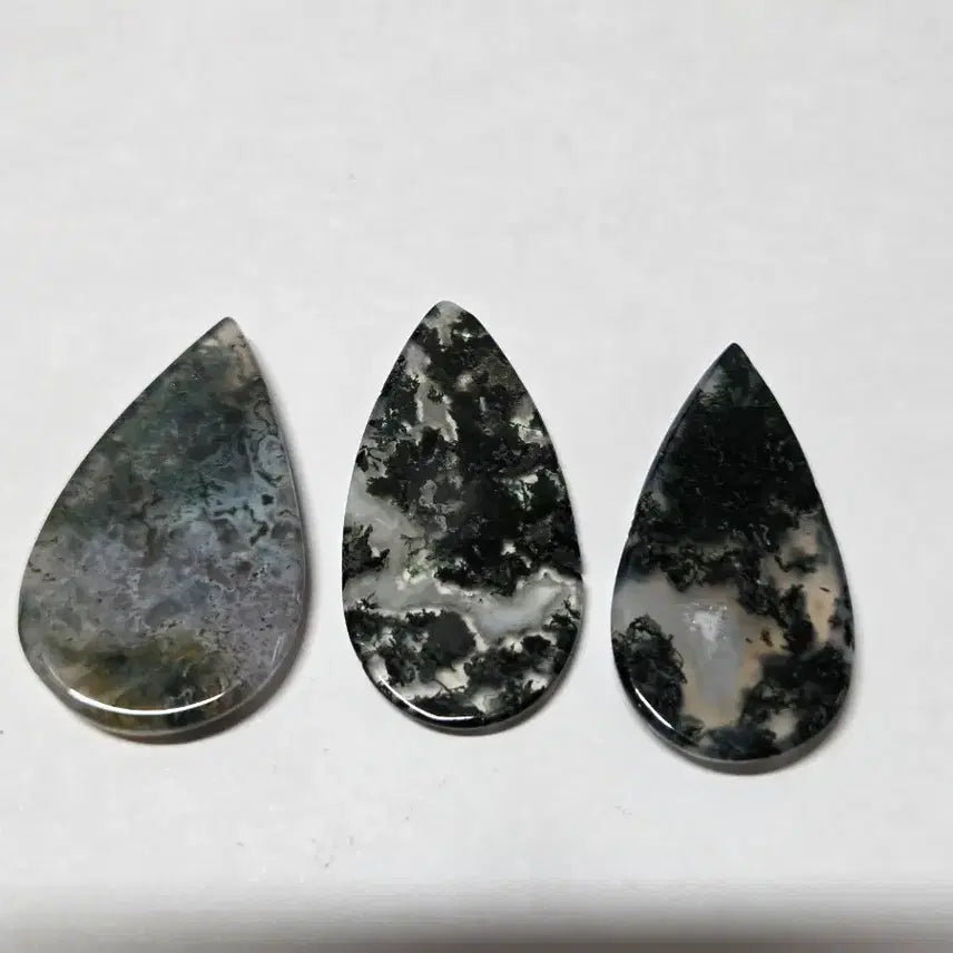 [BUNJANG] Natural Moss Agate Teardrop Cabochon 3-Piece Set / [천연원석] 한폭의 산수화 같은 모스 아게이트(가든) 눈물방울 카보숑 3종 세트 (총 8.3g)