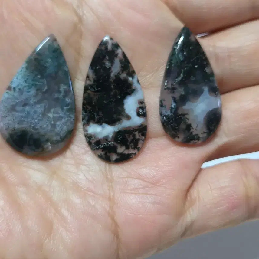 [BUNJANG] Natural Moss Agate Teardrop Cabochon 3-Piece Set / [천연원석] 한폭의 산수화 같은 모스 아게이트(가든) 눈물방울 카보숑 3종 세트 (총 8.3g)