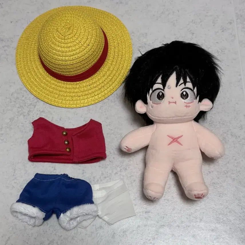[BUNJANG] One Piece Luffy Plush Doll (20cm) with Straw Hat Outfit Set / 원피스 루피 솜인형 솜깅 뼈깅 누이 밀짚모자 옷 세트