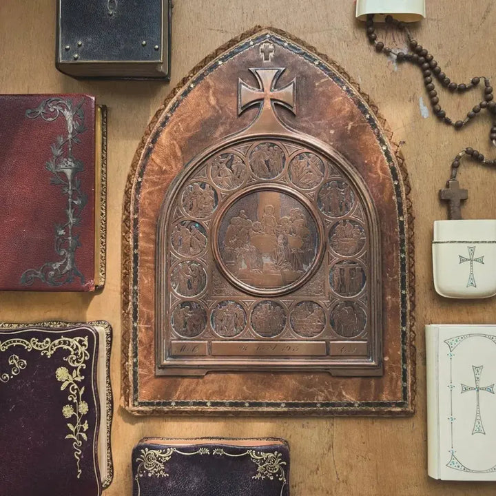 [BUNJANG] French Religious Leather Panel Bas-Relief Artwork &