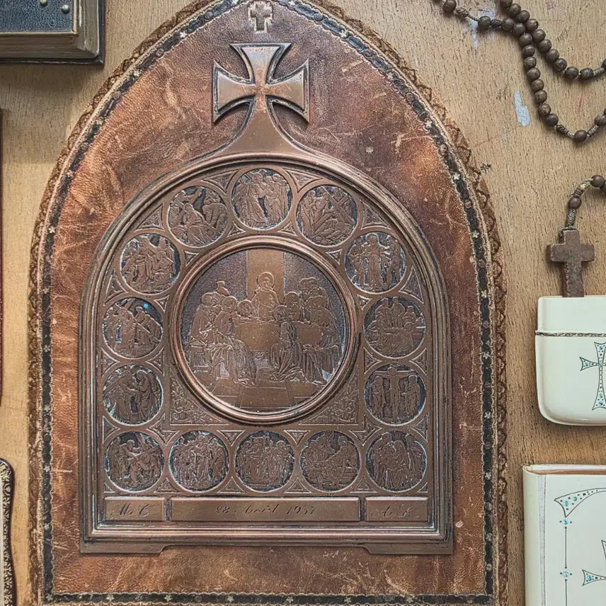 [BUNJANG] French Religious Leather Panel Bas-Relief Artwork &