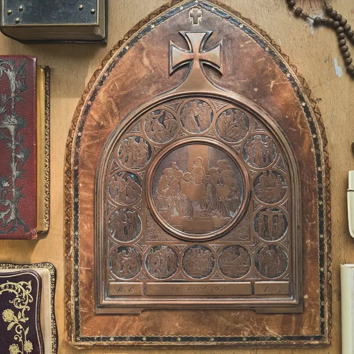 [BUNJANG] French Religious Leather Panel Bas-Relief Artwork &
