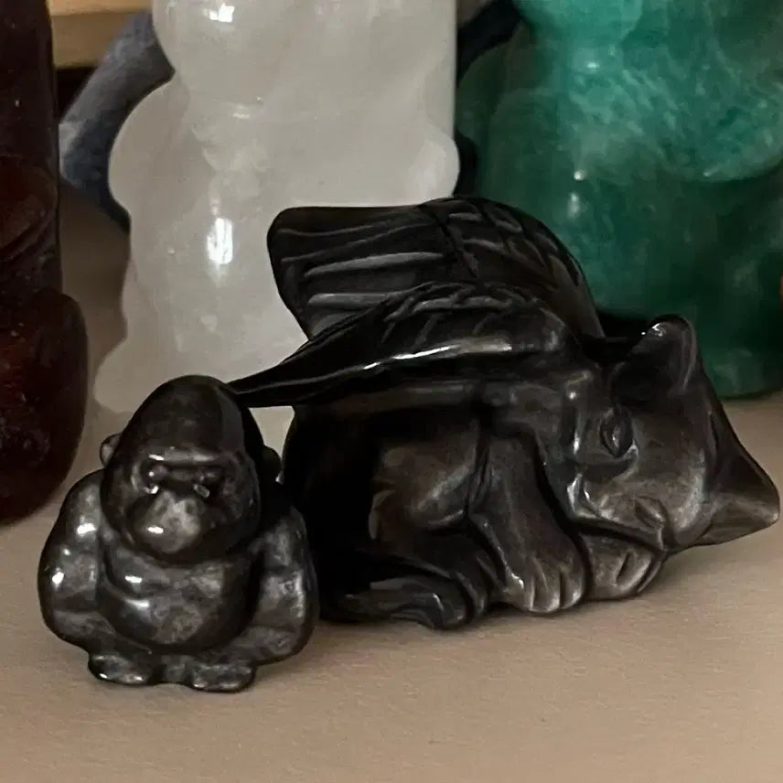 [BUNJANG] Natural Stone Silver Obsidian Cat &amp; Gorilla Charm Set / (세트) 천연원석 실버 옵시디언 천사 날개 고양이 카빙 미니 고릴라 원석 돌