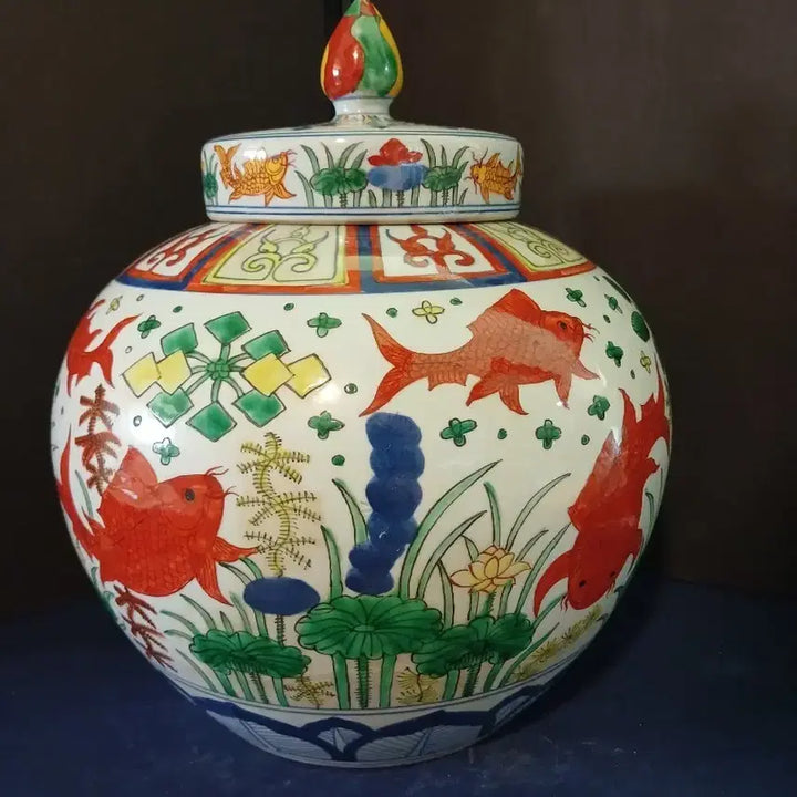 [BUNJANG] Three-Color Underwater Plant Fish Pattern Covered Jar / 삼채수초어문유개호