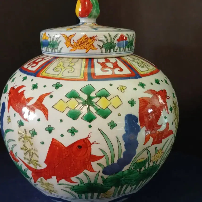 [BUNJANG] Three-Color Underwater Plant Fish Pattern Covered Jar / 삼채수초어문유개호