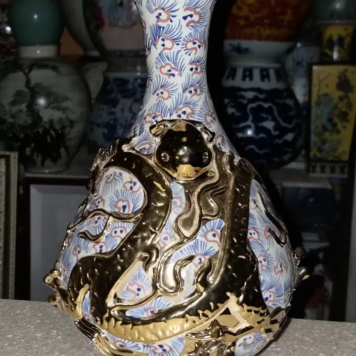 [BUNJANG] Chinese Celadon Vase with Gold Dragon Motif / 금장 운용문 옥호춘병 높33 지21 센치 중국도자기 고도자 오래된 골통품
