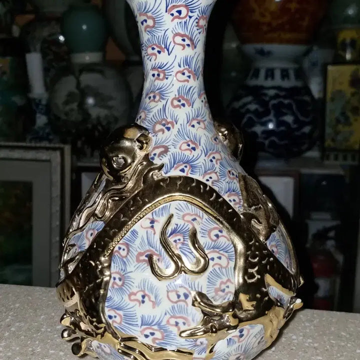 [BUNJANG] Chinese Celadon Vase with Gold Dragon Motif / 금장 운용문 옥호춘병 높33 지21 센치 중국도자기 고도자 오래된 골통품