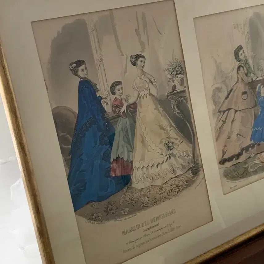 [BUNJANG] Vintage Fashion Illustration Triptych Wall Art with Gold Frame / 액자 세 폭 그림 빈티지 패션 일러스트