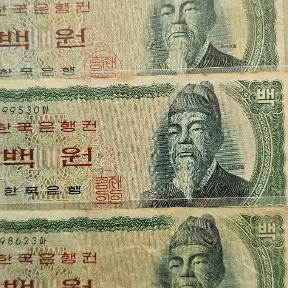 [BUNJANG] 1965 Bank of Korea Commemorative Banknotes Bundle (Yi Sun-shin 500 Won x3, Sejong 100 Won x3) / 1965년 한국은행 발행  이순신 오백원 3점/ 세종백원 3점  일괄