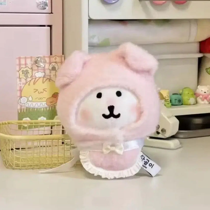 [BUNJANG] 10cm Doll Clothes Pink Bear Hat, Ribbon, Bib Set / 새상품 10cm인형 옷 핑크 곰, 털모자 리본 턱받이 세트