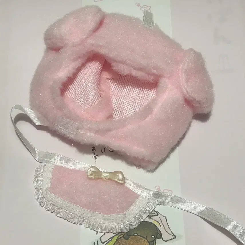 [BUNJANG] 10cm Doll Clothes Pink Bear Hat, Ribbon, Bib Set / 10cm인형 옷 핑크 곰, 털모자 리본 턱받이 세트