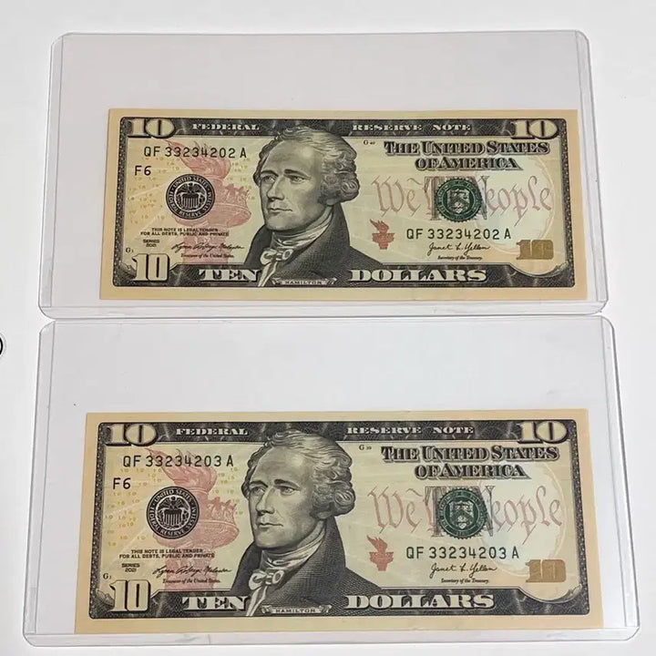 [BUNJANG] USA $10 Banknote Consecutive Pair Uncirculated with Protective Holders / 미국 10달러 지폐 2장 연번 완전 미사용 투명 보호홀더 포함