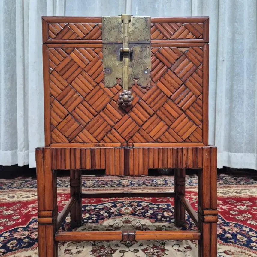 [BUNJANG] Oriental Vintage Asian Classic Teak &amp; Bamboo Chest Stand Box / 오리엔탈빈티지 아시안 클래식 티크 뱀부 체스트 스탠드 박스